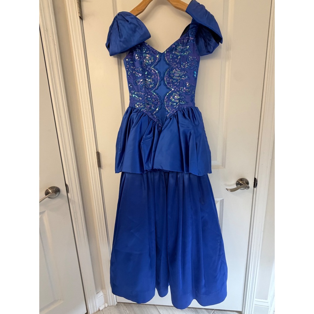 Vintage Jessica McClintock Gunne Sax Blue Sequin Bow Prom Dress 80s Gown 5/6